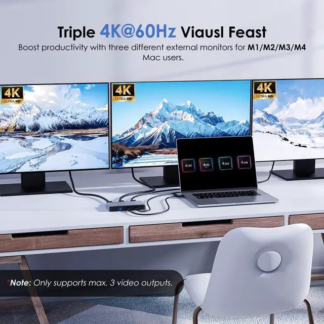 Alt view image 2 of 5 - USB C to HDMI Adapter, WAVLINK Triple Monitors Adapter for M1/M2/M3/M4 macOS Systems. Type-C&A Hosts, 100W PD in, 3 HDMI 2 DP Available, Triple 4K@60Hz, SMI Driver Required