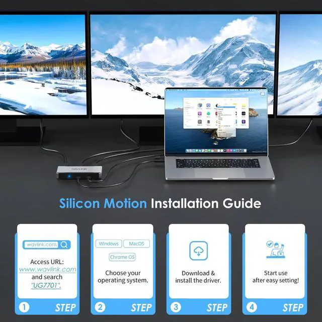 Alt view image 5 of 5 - USB C to HDMI Adapter, WAVLINK Triple Monitors Adapter for M1/M2/M3/M4 macOS Systems. Type-C&A Hosts, 100W PD in, 3 HDMI 2 DP Available, Triple 4K@60Hz, SMI Driver Required
