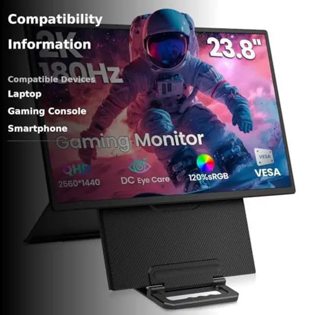 Alt view image 3 of 5 - 2K 180Hz Portable Monitor,23.8" 2560x1440 QHD 120% SRGB IPS FreeSync Gaming Moniter USB-C HDMI Large Work Home Office Second Monitor VESA Mountable, Adjustable Tilt & Height for Laptop, PS4,Xbox