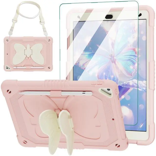 Main image of for iPad 9th Generation Case with Screen Protector, Butterfly Kickstand, Shoulder Strap, Pencil Holder Rugged Girls Cover for iPad 9th 8th 7th Gen 2021 2020 2019 10.2 inch, Pink