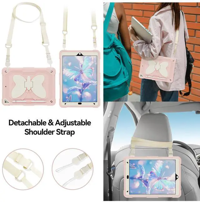 Alt view image 5 of 5 - for iPad 9th Generation Case with Screen Protector, Butterfly Kickstand, Shoulder Strap, Pencil Holder Rugged Girls Cover for iPad 9th 8th 7th Gen 2021 2020 2019 10.2 inch, Pink