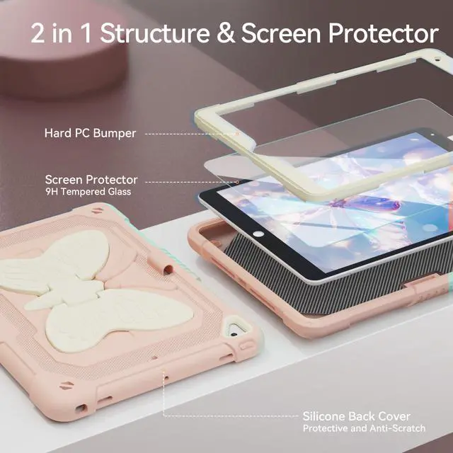 Alt view image 3 of 5 - for iPad 9th Generation Case with Screen Protector, Butterfly Kickstand, Shoulder Strap, Pencil Holder Rugged Girls Cover for iPad 9th 8th 7th Gen 2021 2020 2019 10.2 inch, Pink