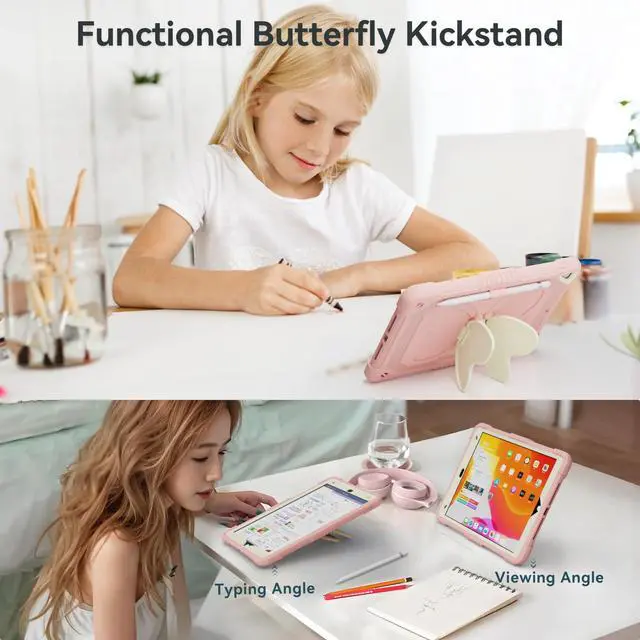 Alt view image 4 of 5 - for iPad 9th Generation Case with Screen Protector, Butterfly Kickstand, Shoulder Strap, Pencil Holder Rugged Girls Cover for iPad 9th 8th 7th Gen 2021 2020 2019 10.2 inch, Pink