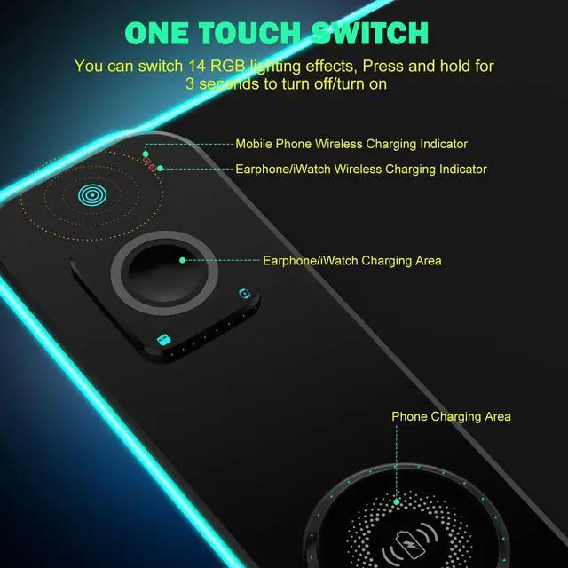 Alt view image 5 of 5 - GIM RGB Gaming Mouse Pad with Simultaneous Charging for Phone & iWatch, LED Mouse Mat 800x300x4MM, 14 Light Modes, Non-Slip Rubber Base, Computer Keyboard Mat for Gaming, 20W PD Adapter Included