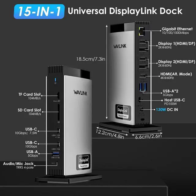 Alt view image 2 of 5 - WAVLINK USB C Docking Station with 3 HDMI, 15 in 1 Laptop Dock Triple Monitor 4K+Dual 2K, 100W Charging for M1 M2 M3 Mac and Windows, 5 USB Ports, 2DP, 1Gbps Ethernet Port, Audio/Mic, SD/TF