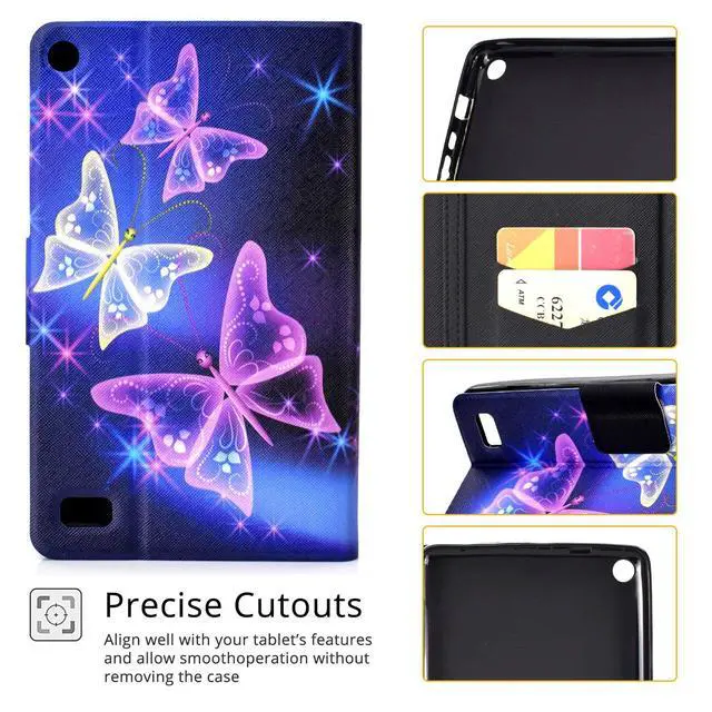 Alt view image 4 of 5 - UUcovers for Amazon Kindle Fire 7 Tablet Case 9th/7th/5th Generation (2019/2017/2015) with Stand/Card Pockets [Auto Wake/Sleep] PU Leather Folio Smart Magnetic Closure Wallet Cover, Purple Buttefly