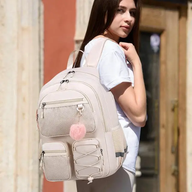 Alt view image 2 of 5 - Liokesa School Backpack for Teen Girls, Cute College Back Pack for Women, Kids Backpack for Girls, Middle Students School BookBag, 15.6 Inch Laptop Bag Travel Back Pack, Beige