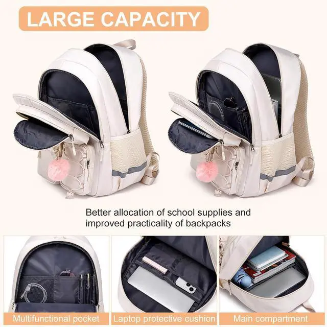Alt view image 3 of 5 - Liokesa School Backpack for Teen Girls, Cute College Back Pack for Women, Kids Backpack for Girls, Middle Students School BookBag, 15.6 Inch Laptop Bag Travel Back Pack, Beige