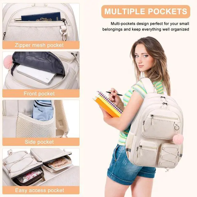 Alt view image 4 of 5 - Liokesa School Backpack for Teen Girls, Cute College Back Pack for Women, Kids Backpack for Girls, Middle Students School BookBag, 15.6 Inch Laptop Bag Travel Back Pack, Beige