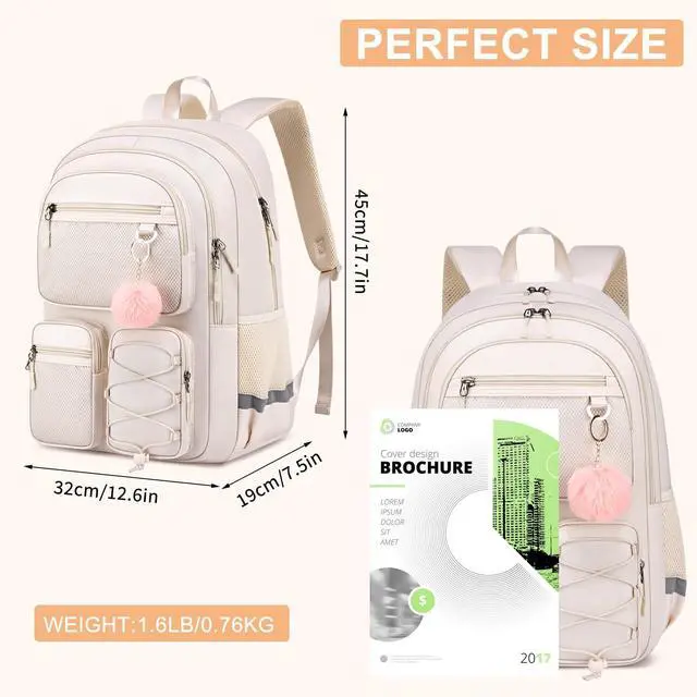 Alt view image 5 of 5 - Liokesa School Backpack for Teen Girls, Cute College Back Pack for Women, Kids Backpack for Girls, Middle Students School BookBag, 15.6 Inch Laptop Bag Travel Back Pack, Beige
