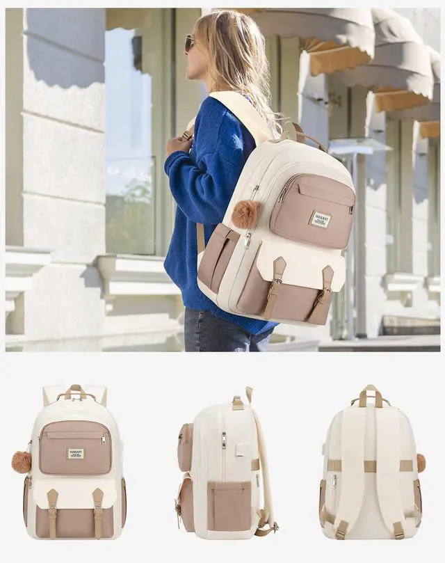 Alt view image 2 of 5 - VANKANY School Backpack for Teen Girls, Cute Laptop Bookbag 17.3in for Women College Students Aesthetic Schoolbag Middle High School Travel Mochilas Niñas, Khaki Beige