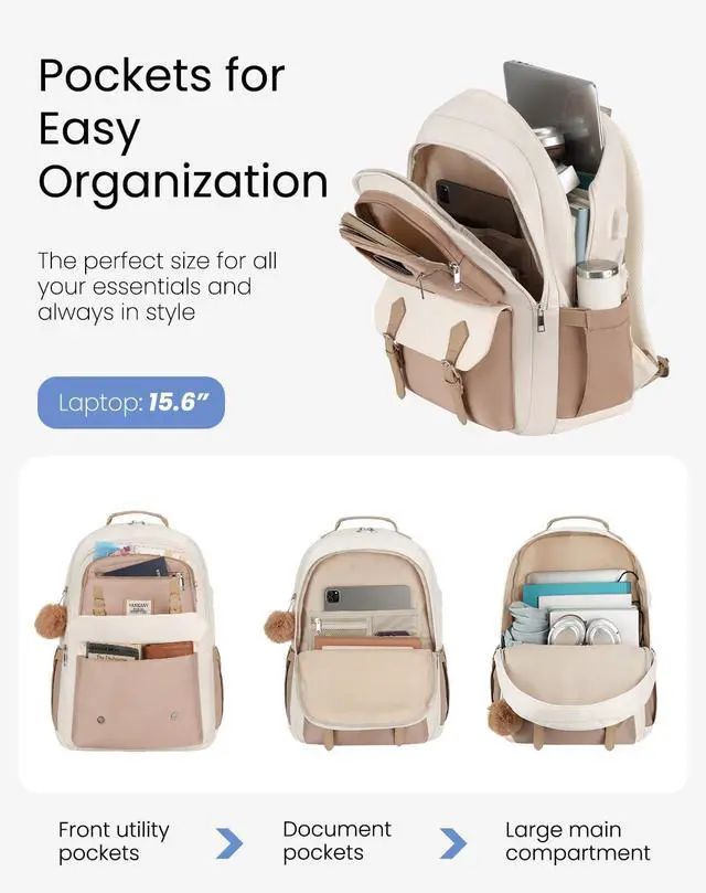 Alt view image 3 of 5 - VANKANY School Backpack for Teen Girls, Cute Laptop Bookbag 17.3in for Women College Students Aesthetic Schoolbag Middle High School Travel Mochilas Niñas, Khaki Beige