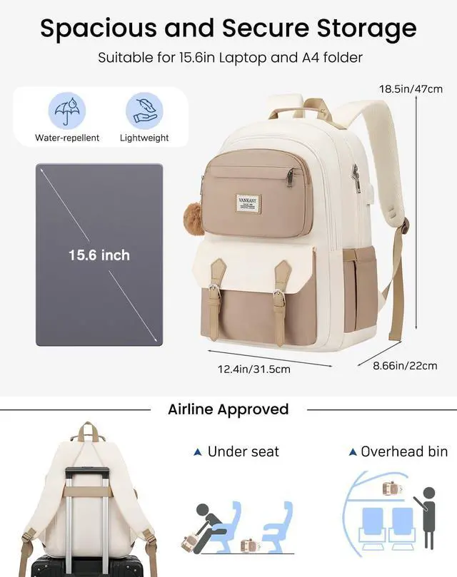 Alt view image 4 of 5 - VANKANY School Backpack for Teen Girls, Cute Laptop Bookbag 17.3in for Women College Students Aesthetic Schoolbag Middle High School Travel Mochilas Niñas, Khaki Beige