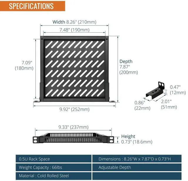 Alt view image 2 of 5 - Tecmojo 0.5U Rack Shelf for 10" Server Rack & Cabinet, Adjustable 7.87-10.24" Depth, Vented Metal Tray, Heavy Duty Support up to 66 lbs, Enhanced Ventilation, Black
