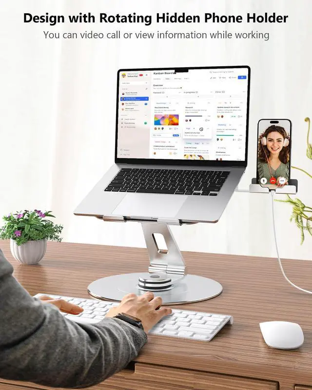 Alt view image 2 of 5 - NTMY Adjustable 360 Rotating Laptop Stand with Phone Holder, Foldable for Desk, Ergonomic Fits MacBook, All Notebooks up to 17.3 inches