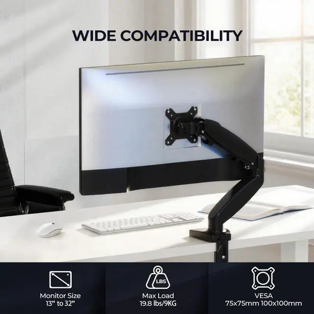 Alt view image 4 of 5 - NSY Audio Single Monitor Arm Mount for 13-32 Inch Screens - Gas Spring Adjustable Stand with VESA 75x75/100x100, Clamp & Grommet Base, Holds Up to 20 lbs LCD Computer Monitors, Ergonomic Desk Mount