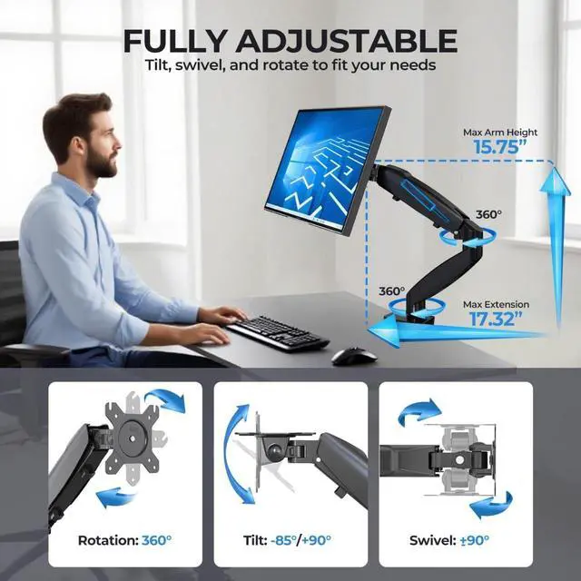 Alt view image 2 of 5 - NSY Audio Single Monitor Arm Mount for 13-32 Inch Screens - Gas Spring Adjustable Stand with VESA 75x75/100x100, Clamp & Grommet Base, Holds Up to 20 lbs LCD Computer Monitors, Ergonomic Desk Mount