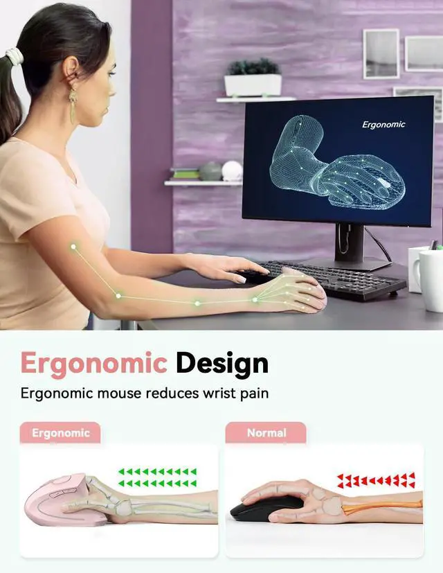 Alt view image 2 of 5 - TECKNET Ergonomic Wireless Vertical Mouse - 4800 DPI, 5 Adjustable Levels, 2.4GHz Optical, 6 Buttons for Carpal Tunnel - Laptop, Desktop, PC, MacBook Compatible - Pink