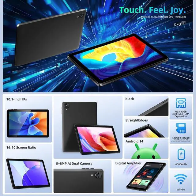 Alt view image 4 of 5 - Rebecco Android 14 Tablet 10 Inch 10GB +128GB Octa Core,Gaming Tablet with OTG Transmission and Wi-Fi 6G 6000mAh, 8+5MP Dual Camera,Bluetooth 5.3, Latest Tablets with Widevin L1