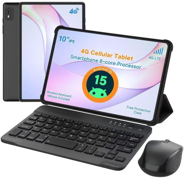 Main image of 10 Inch Tablet Android 15,4G Cellular Tablet with SIM Card Slot,Helio G80 Octa-Core,12GB+64GB+2TB Expandable,GPS,5G WiFi,BT5.0,COMPLETE SET with Keyboard,Mouse & Case Included(2-in-1 Tablets Unlocked)