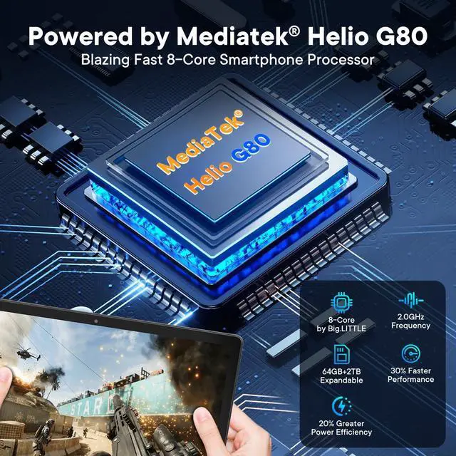 Alt view image 3 of 5 - 10 Inch Tablet Android 15,4G Cellular Tablet with SIM Card Slot,Helio G80 Octa-Core,12GB+64GB+2TB Expandable,GPS,5G WiFi,BT5.0,COMPLETE SET with Keyboard,Mouse & Case Included(2-in-1 Tablets Unlocked)