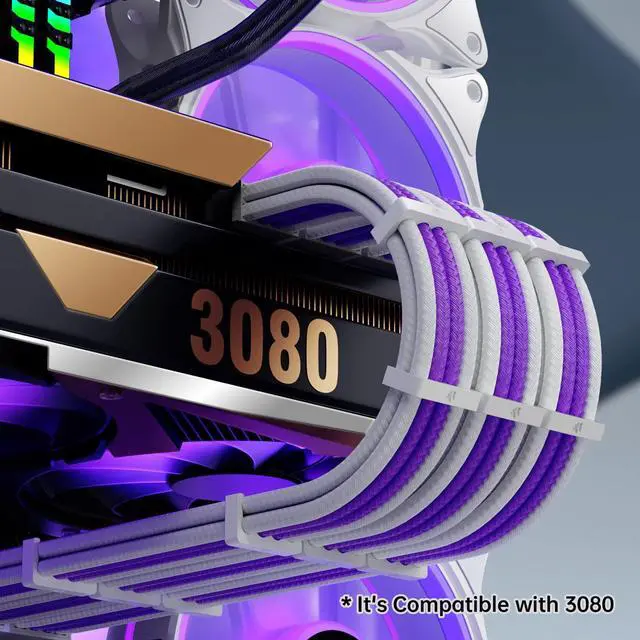 Alt view image 2 of 5 - ASIAHORSE Power Supply Sleeved Cable, 16AWG PSU Extension Cable Kit White Connector Internal Power Supplies Cables with Combs, 1x24Pin/2x4+4 EPS/3x6+2 PCI-E, 30cm Length, White and Violet