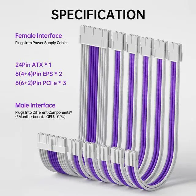Alt view image 3 of 5 - ASIAHORSE Power Supply Sleeved Cable, 16AWG PSU Extension Cable Kit White Connector Internal Power Supplies Cables with Combs, 1x24Pin/2x4+4 EPS/3x6+2 PCI-E, 30cm Length, White and Violet