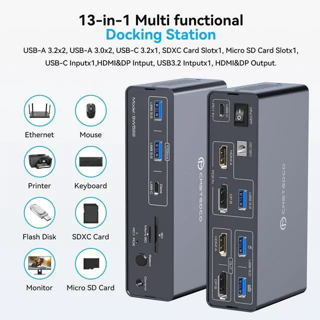 Alt view image 5 of 5 - DGYBDFC KVM Docking Station 4K60Hz HDMI & 4K120Hz DP KVM Switch 2 Monitors 2 Computers for Laptop and Desktop 10Gbps USBC+USBA 3.2 Date 5Gbps USB3.0 Date and SD/microSD Card Slots