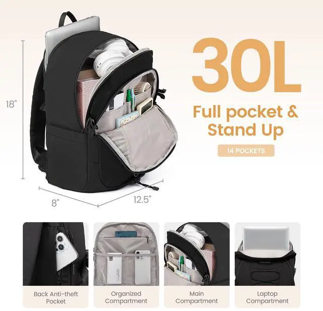 Alt view image 3 of 5 - LOVEVOOK Laptop Backpack for Women Men with Pouch Pocket for Large Capacity Cup,17 Inch Waterproof Travel Work Computer Laptop Bag College Teacher Backpack Purse,Lightweight Hiking Overnight Bag,Black