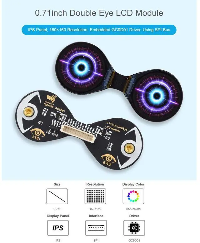 Alt view image 2 of 5 - waveshare 0.71inch Double Eye Round LCD Display Module 160×160 Resolution 65K Colors IPS Display Supports Controller Boards Like ESP32 / Arduino, Embedded GC9D01 Driver