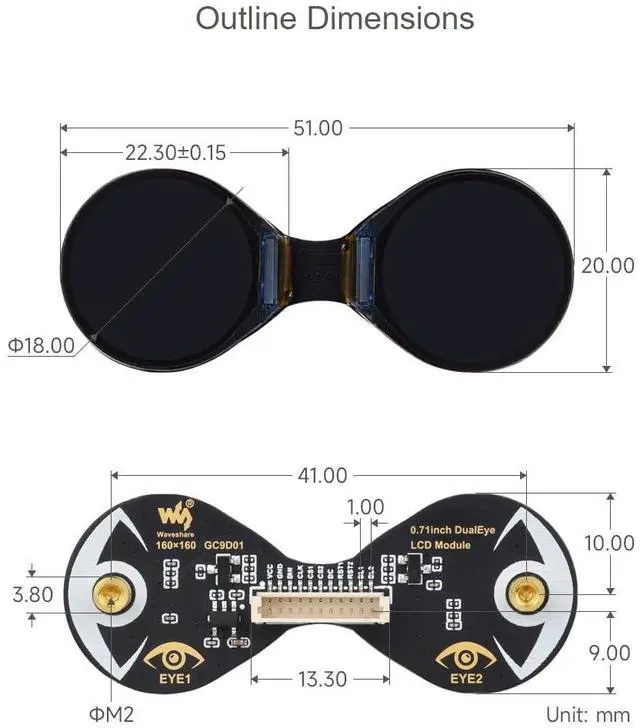 Alt view image 3 of 5 - waveshare 0.71inch Double Eye Round LCD Display Module 160×160 Resolution 65K Colors IPS Display Supports Controller Boards Like ESP32 / Arduino, Embedded GC9D01 Driver