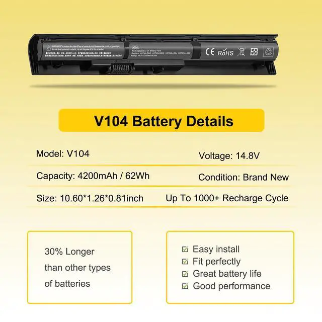 Alt view image 2 of 5 - 4200mAh 62Wh VI04 V104 Laptop Battery Replacement for HP Pavilion 15/17, Envy 14/15/17, ProBook 440 445 450 455 G2 Series Compatible with 756745-001 756743-001 756744-001 HSTNN-DB6K TPN-Q139 Q140 Q141