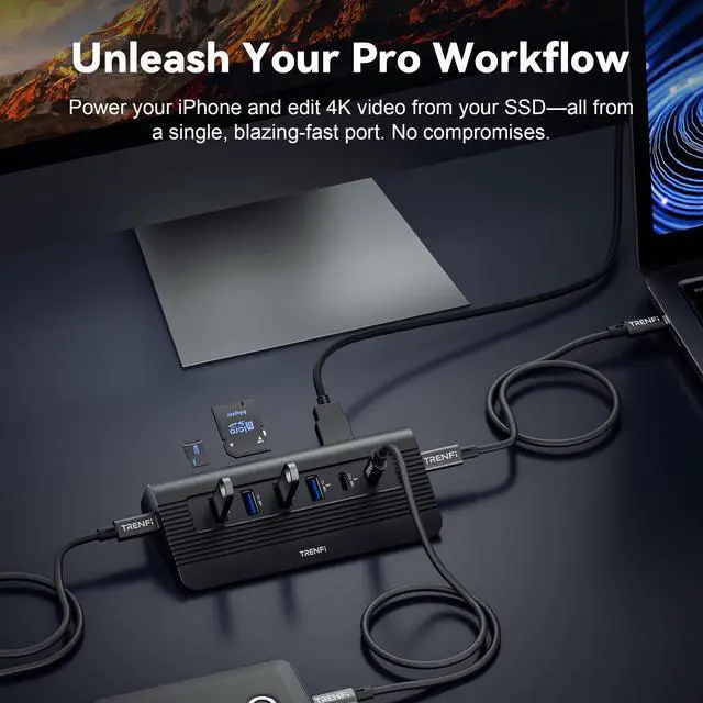 Alt view image 2 of 5 - TRENFI 10-in-1 USB C Hub with Detachable Cable, 10Gbps USB 3.2 Gen 2 Hub with 4K 60Hz HDMI, 100W Power Delivery & SD/TF Reader | Powered Docking Station for MacBook Pro/Air M4 M3, Mac mini (Midnight)
