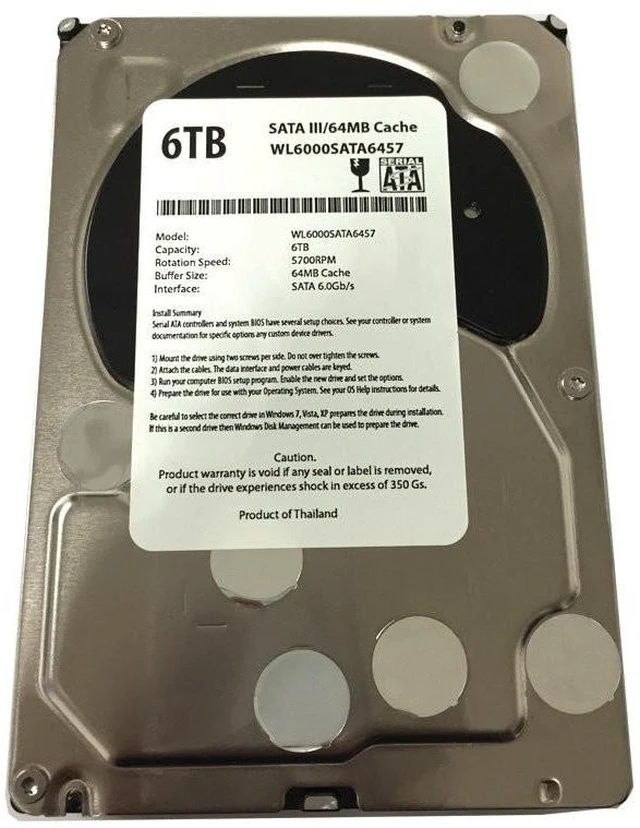 Alt view image 2 of 5 - WL 6TB 5700RPM 64MB Cache 5700RPM SATA III (6.0Gb/s) 3.5" Internal Hard Drive (Desktop PC, CCTV DVR, NAS) - w/1 Year Warranty