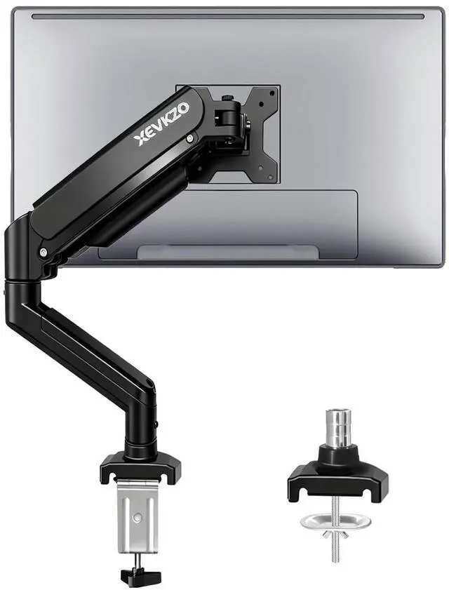 Main image of XEVKZO Single Monitor Arm - Gas Spring Monitor Stand for 13 to 34 Inch Screens, Adjustable VESA Mount with C-Clamp & Grommet Base, Full Motion (Tilt, Swivel, Rotation), Supports 4.4-22 lbs