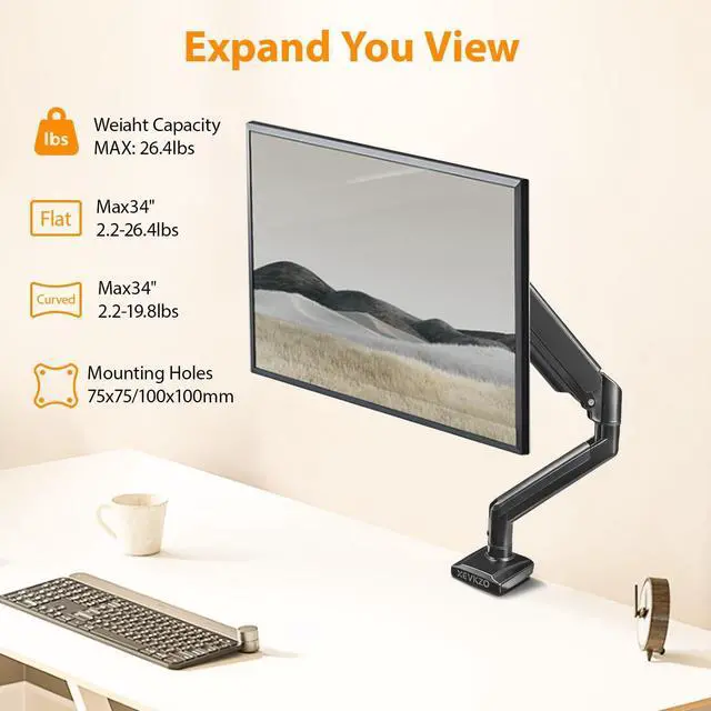 Alt view image 2 of 5 - XEVKZO Single Monitor Arm - Gas Spring Monitor Stand for 13 to 34 Inch Screens, Adjustable VESA Mount with C-Clamp & Grommet Base, Full Motion (Tilt, Swivel, Rotation), Supports 4.4-22 lbs