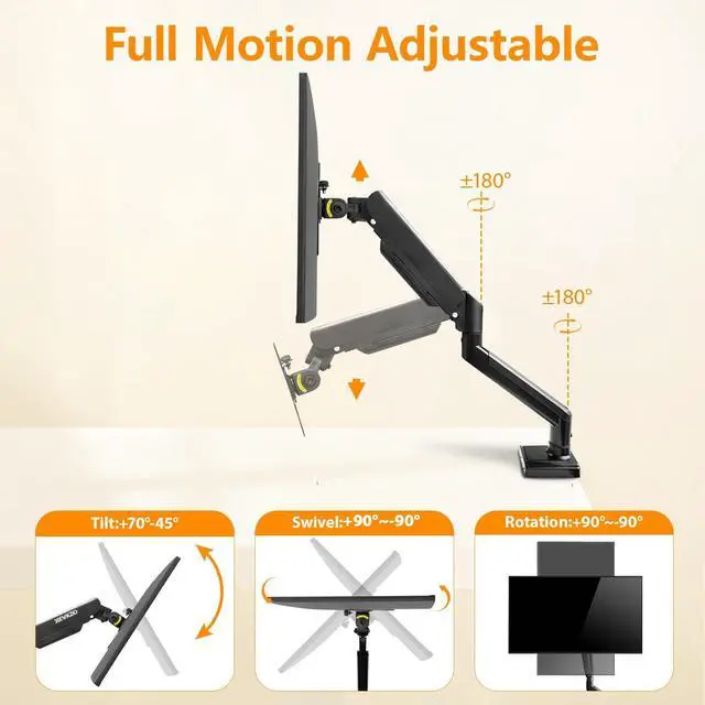 Alt view image 3 of 5 - XEVKZO Single Monitor Arm - Gas Spring Monitor Stand for 13 to 34 Inch Screens, Adjustable VESA Mount with C-Clamp & Grommet Base, Full Motion (Tilt, Swivel, Rotation), Supports 4.4-22 lbs