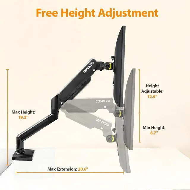 Alt view image 4 of 5 - XEVKZO Single Monitor Arm - Gas Spring Monitor Stand for 13 to 34 Inch Screens, Adjustable VESA Mount with C-Clamp & Grommet Base, Full Motion (Tilt, Swivel, Rotation), Supports 4.4-22 lbs