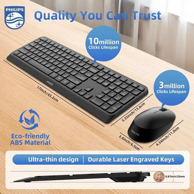 Alt view image 4 of 5 - PHILIPS Quiet Wireless Keyboard and Mouse Combo, Silent Keyboard and Mouse Wireless Combo for Laptop PC Computer, Connects with Only One USB-A Dongle, No Bluetooth