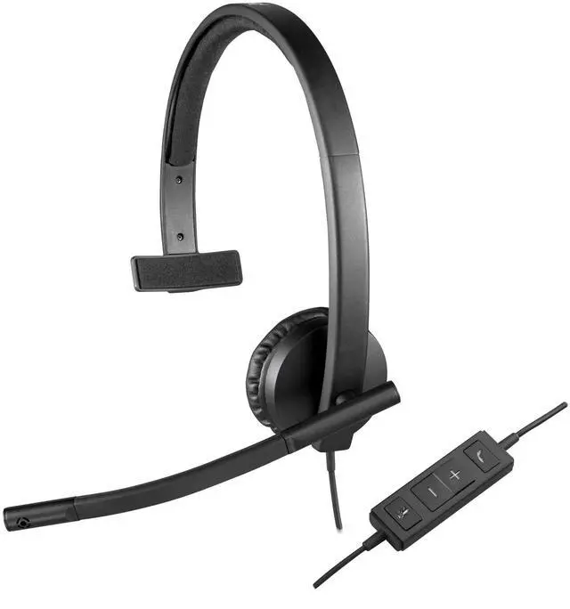 Main image of Logitech H570e Wired Headset, Mono Headphones with Noise-Cancelling Microphone, USB, In-Line Controls with Mute Button, Indicator LED, PC/Mac/Laptop - Black
