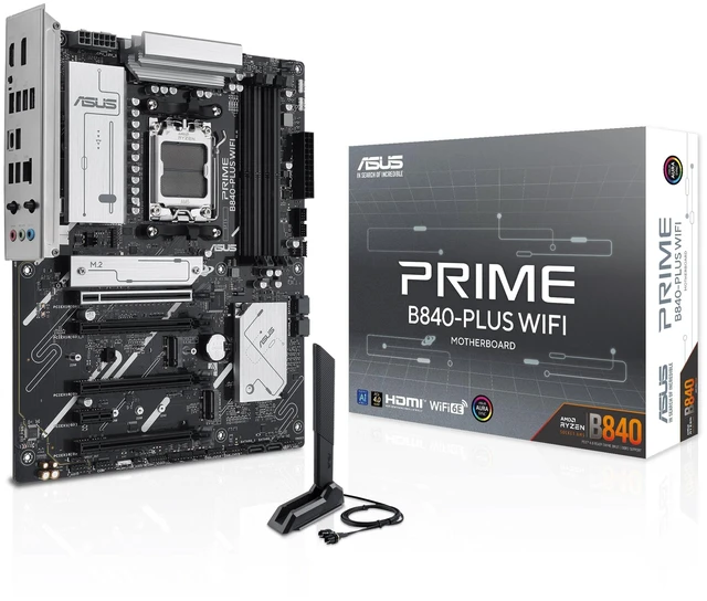 Main image of ASUS Prime B840-PLUS WiFi AMD AM5 B840 ATX Motherboard, Advanced AI Ready, DDR5, PCIe 4.0, 3X M.2, Wi-Fi 6E, 2.5Gb LAN, DisplayPort, HDMI, USB 10Gbps Type-A & Type-C, BIOS Flashback, Aura Sync RG