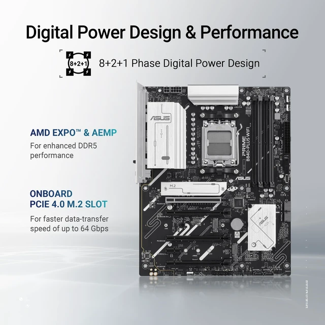 Alt view image 3 of 5 - ASUS Prime B840-PLUS WiFi AMD AM5 B840 ATX Motherboard, Advanced AI Ready, DDR5, PCIe 4.0, 3X M.2, Wi-Fi 6E, 2.5Gb LAN, DisplayPort, HDMI, USB 10Gbps Type-A & Type-C, BIOS Flashback, Aura Sync RG