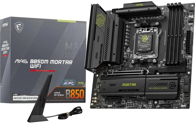 Main image of MSI MAG B850M Mortar WiFi Motherboard, mATX - Supports AMD Ryzen 9000/8000 / 7000 Processors, AM5-60A SPS VRM, DDR5 Memory Boost 8200+ MT/s (OC), PCIe 5.0 x16, M.2 Gen5, Wi-Fi 7, 5G LAN
