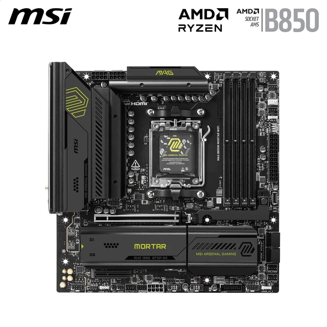 Alt view image 5 of 5 - MSI MAG B850M Mortar WiFi Motherboard, mATX - Supports AMD Ryzen 9000/8000 / 7000 Processors, AM5-60A SPS VRM, DDR5 Memory Boost 8200+ MT/s (OC), PCIe 5.0 x16, M.2 Gen5, Wi-Fi 7, 5G LAN