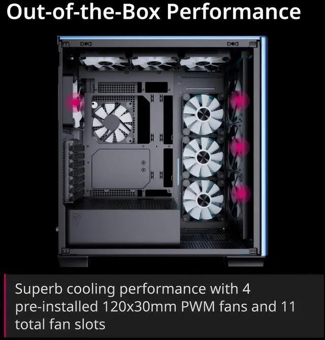 Alt view image 2 of 5 - APNX C1-R Mid-Tower ATX High Airflow PC Case, 4x120mm Black Fans, 11 Fan Slots, 360mm Radiator Support, ASUS/MSI Back-Connect Motherboard Support, Tempered Glass Panel, Cable Management, Type-C,