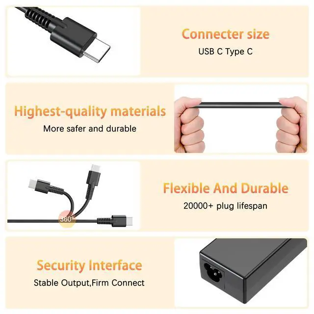 Alt view image 4 of 5 - 65W USB C Chromebook Charger, USB-C Laptop Charger Replacement for Lenovo ThinkPad Yoga, HP Chromebook X360, Dell Latitude, Samsung, Acer, Asus, 10ft Type C Power Cord Adapter