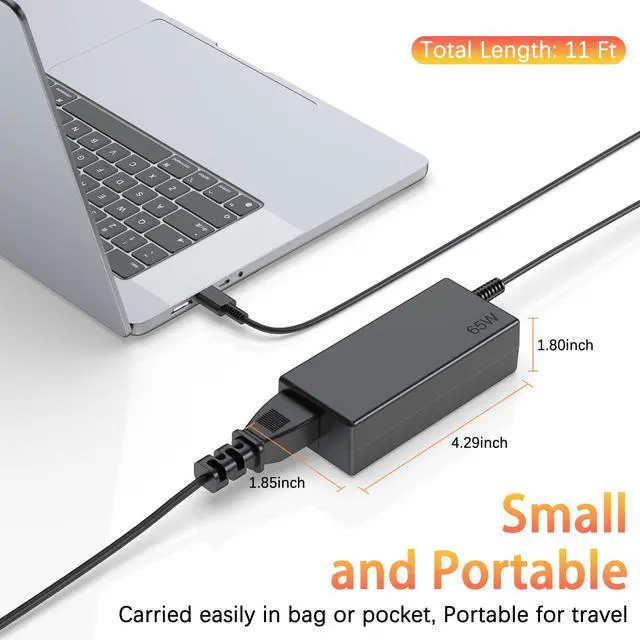 Alt view image 3 of 5 - 65W USB C Chromebook Charger, USB-C Laptop Charger Replacement for Lenovo ThinkPad Yoga, HP Chromebook X360, Dell Latitude, Samsung, Acer, Asus, 10ft Type C Power Cord Adapter