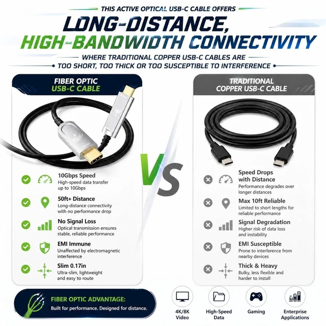 Alt view image 5 of 5 - DWLCWY USB A to USB C Fiber Optic Cable 50FT, 10Gbps Active Optical