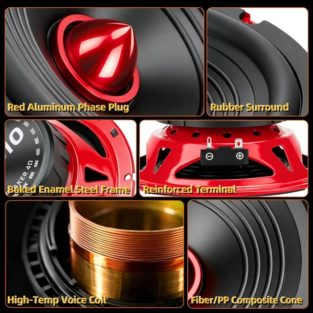 Alt view image 3 of 5 - 6.5 Inch Car Speakers 800W Woofer Red Aluminum Bullet 4 Ohm Midrange Audio
