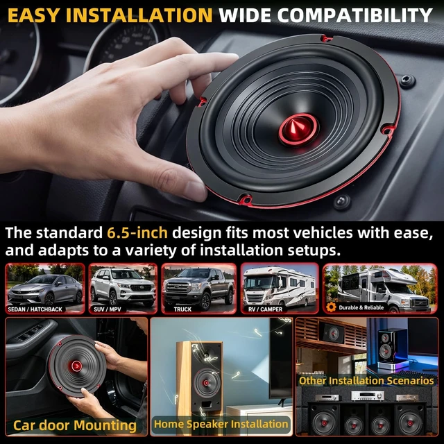 Alt view image 5 of 5 - 6.5 Inch Car Speakers 800W Woofer Red Aluminum Bullet 4 Ohm Midrange Audio